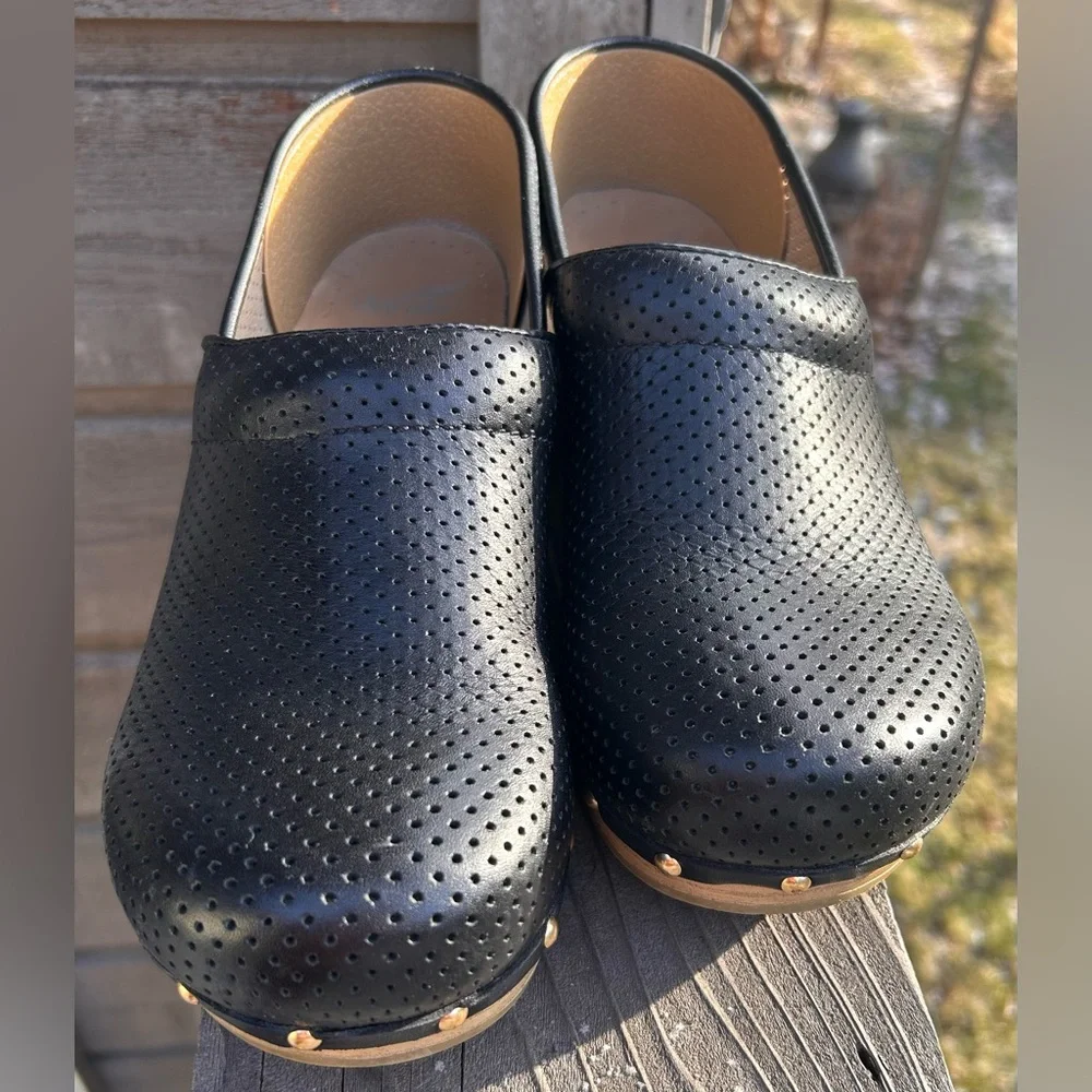 Dansko Black Perforated Clogs with Tan Sole - Picture 4 of 14